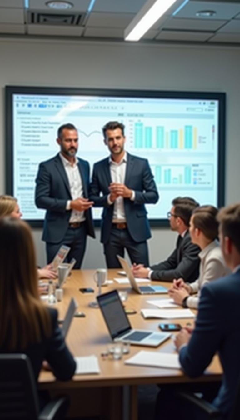 Team of coworkers collaborating in a meeting room, showcasing professional relationships and teamwork.