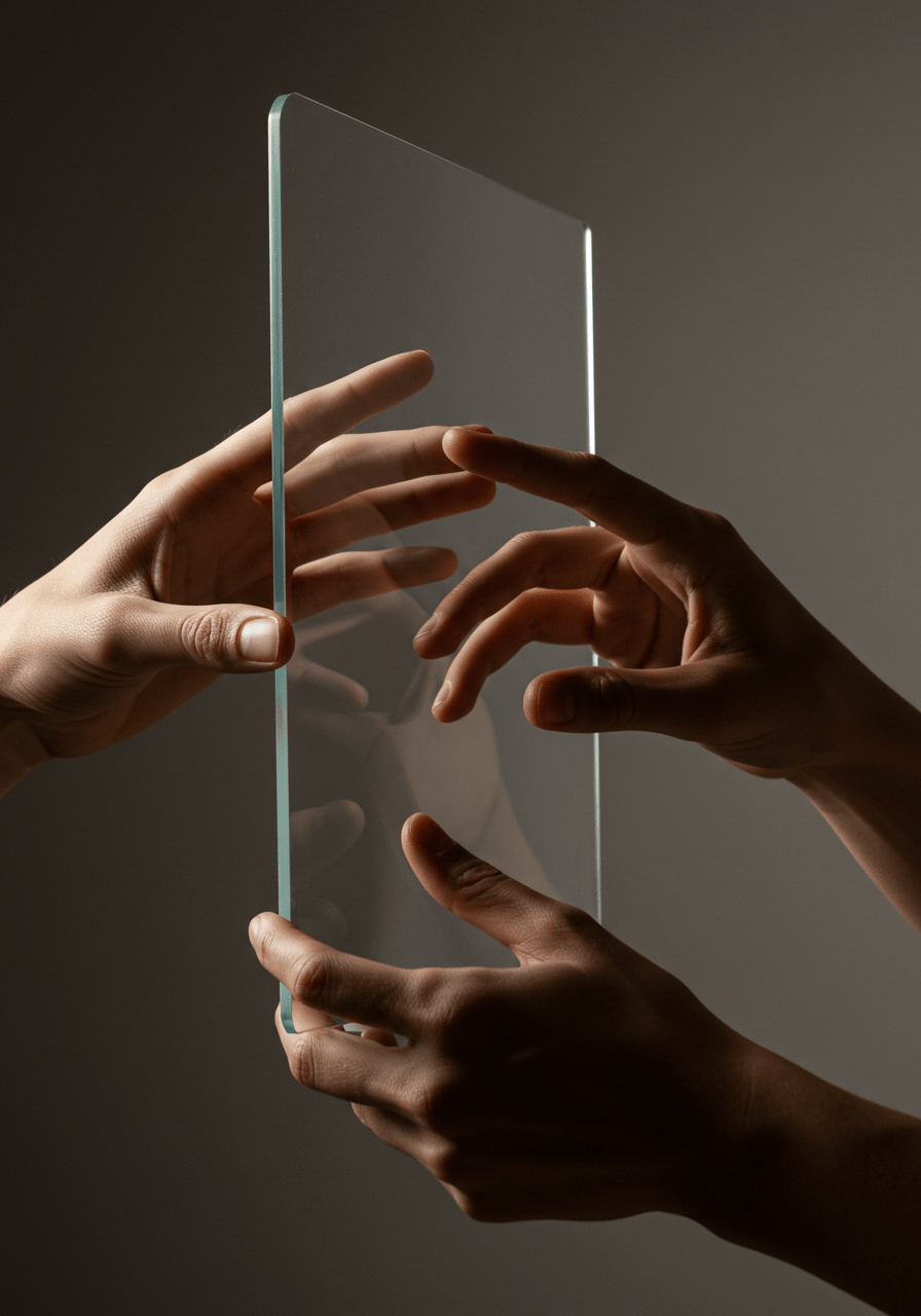 Hands holding a clear barrier to depict the balance between openness and protecting oneself
