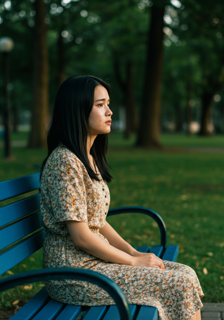 Young woman feeling sad and lonely on park bench after friendship breakup to illustrate emotional pain.