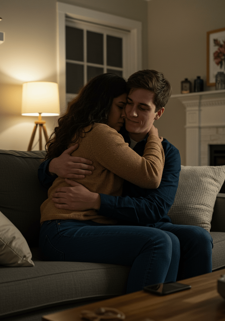 Friends embracing in a warm hug to support emotional healing after a breakup