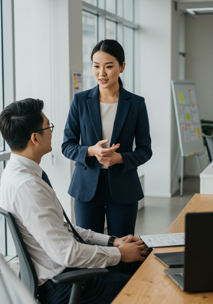 Confident woman setting healthy boundaries with colleague at work
