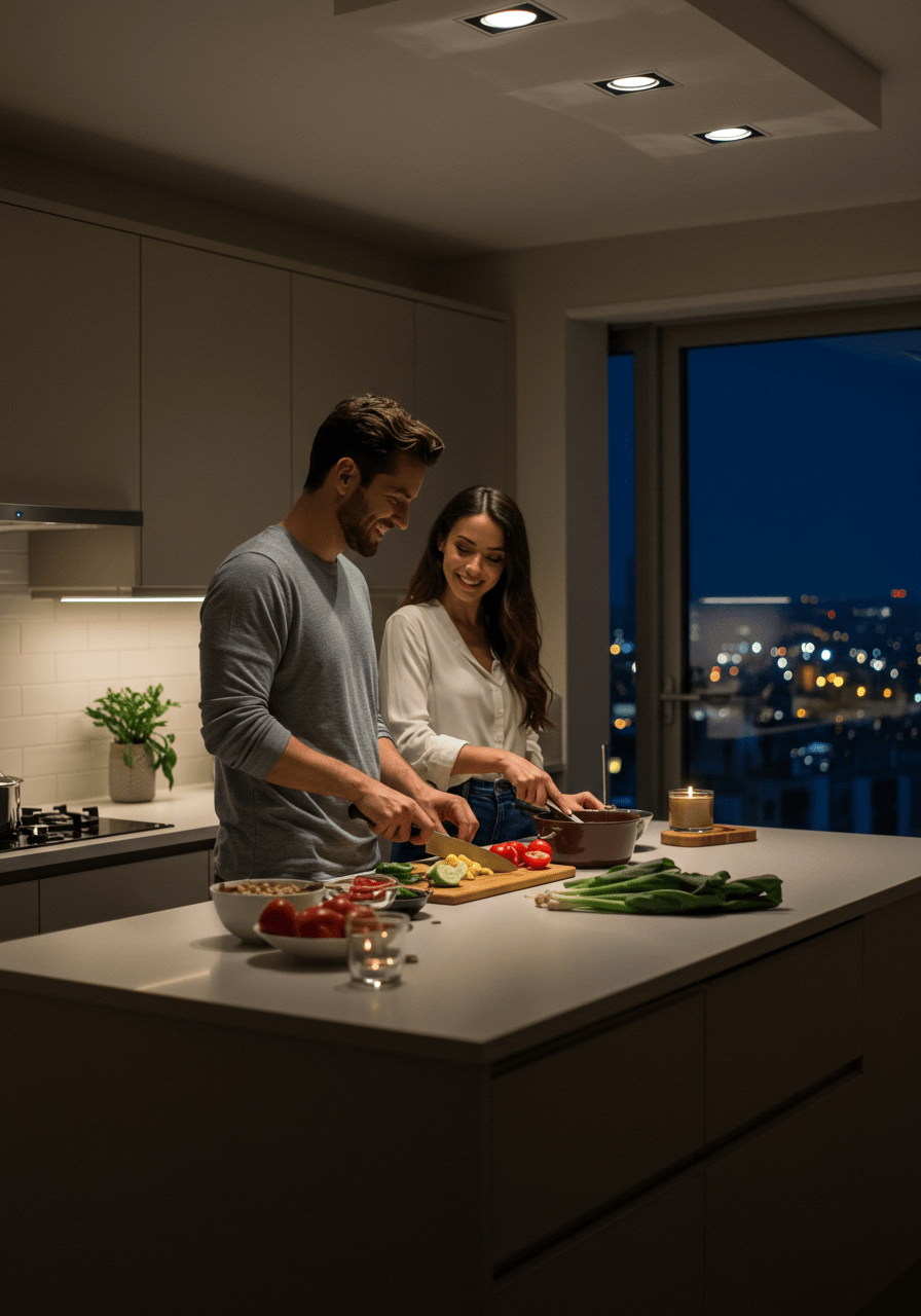 Couple cooking together in a contemporary kitchen, representing quality time and acts of service in expressing love in 2025.