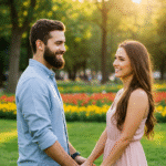 A happy couple showing green flags like communication and trust in their relationship