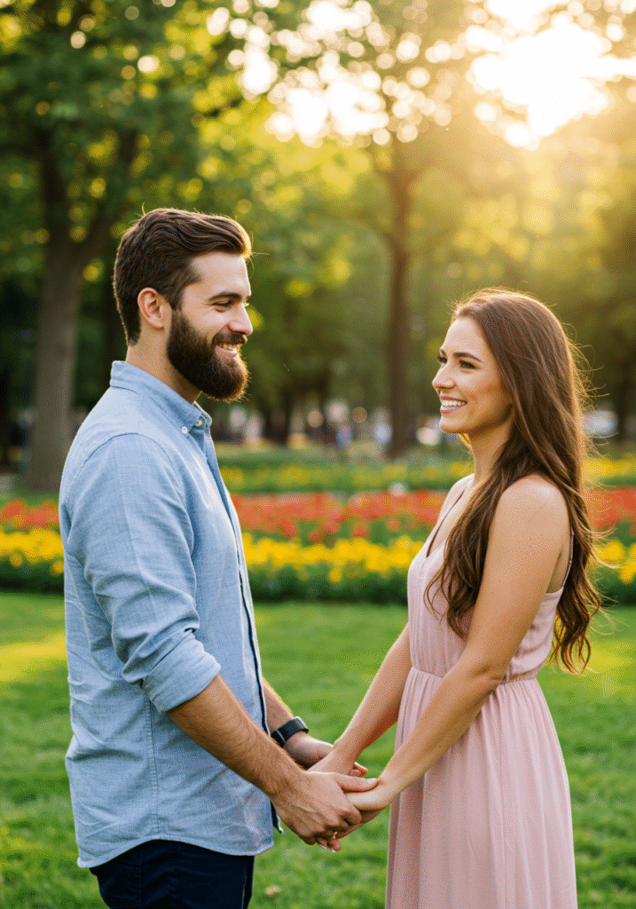 A happy couple showing green flags like communication and trust in their relationship