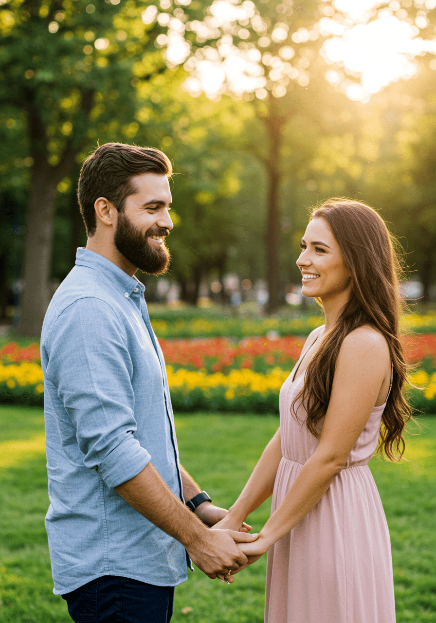 A happy couple showing green flags like communication and trust in their relationship