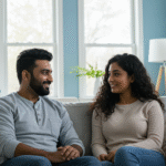 Couple engaging in a positive and supportive conversation at home, representing healthy relationship communication.
