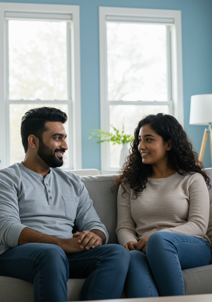 Couple engaging in a positive and supportive conversation at home, representing healthy relationship communication.