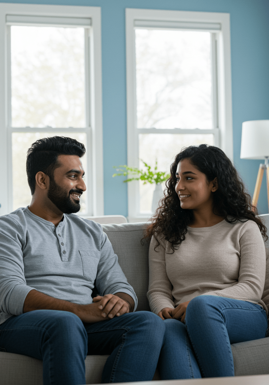 Couple engaging in a positive and supportive conversation at home, representing healthy relationship communication.