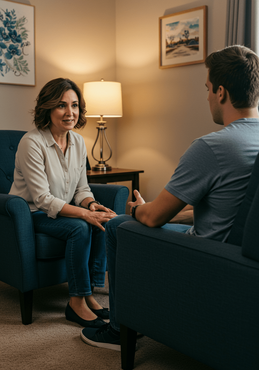 Therapist and client discussing relationship patterns during a therapy session to improve mental health.