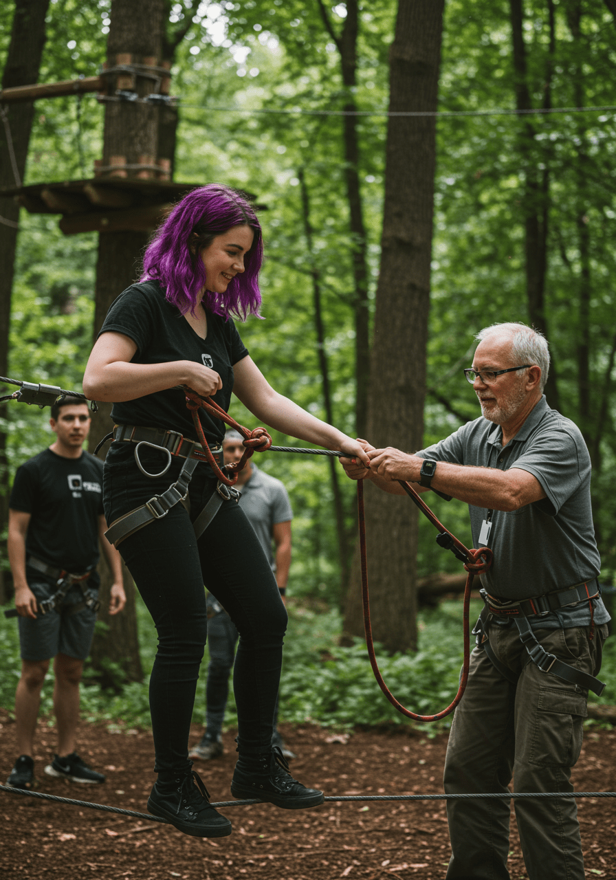 Team participating in an outdoor trust-building activity to enhance collaboration and teamwork