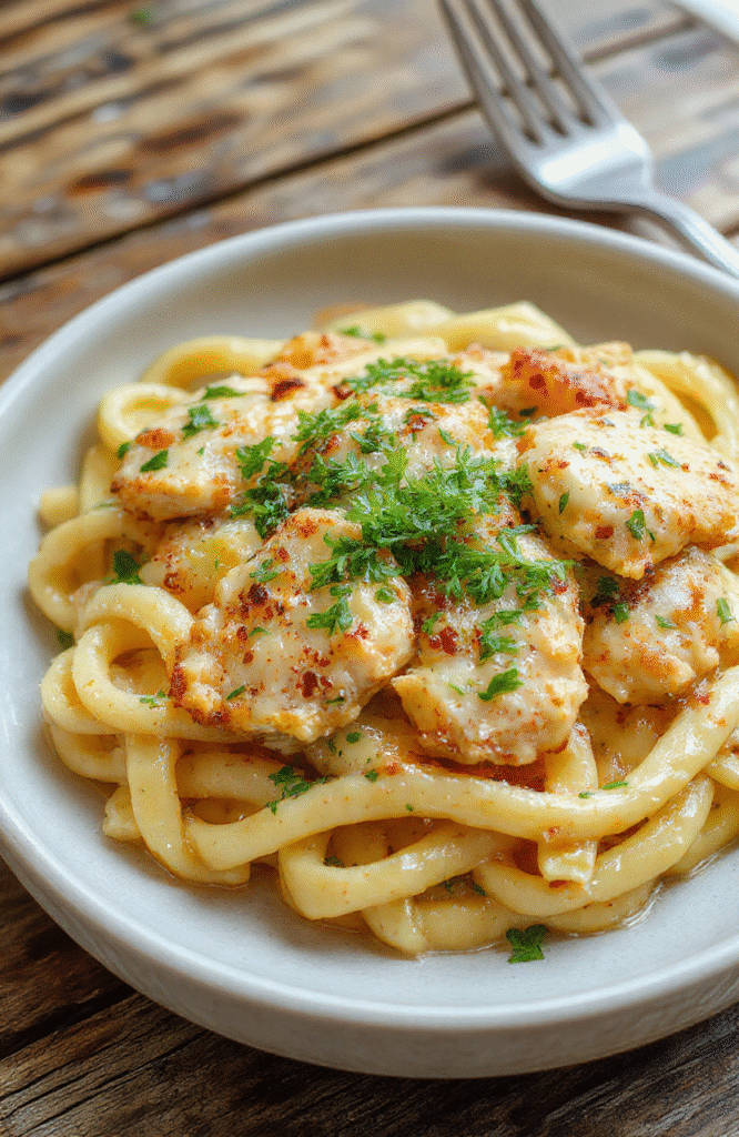 A vibrant plate of cheesy, creamy parmesan chicken pasta featuring golden-brown chicken pieces coated in rich sauce, topped with shredded parmesan and fresh herbs, served on a rustic white dish with a sprinkle of black pepper, accompanied by a side of toasted bread slices, styled on a wooden table with natural daylight highlighting the textures and colors.