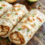 A vibrant plate featuring golden-brown chicken wraps generously filled with melted cheese, chopped garlic, and fresh herbs, sliced to reveal gooey cheese and tender chicken, arranged on a rustic wooden platter with a side of fresh greens and a drizzle of creamy sauce, styled with a casual, inviting vibe.
