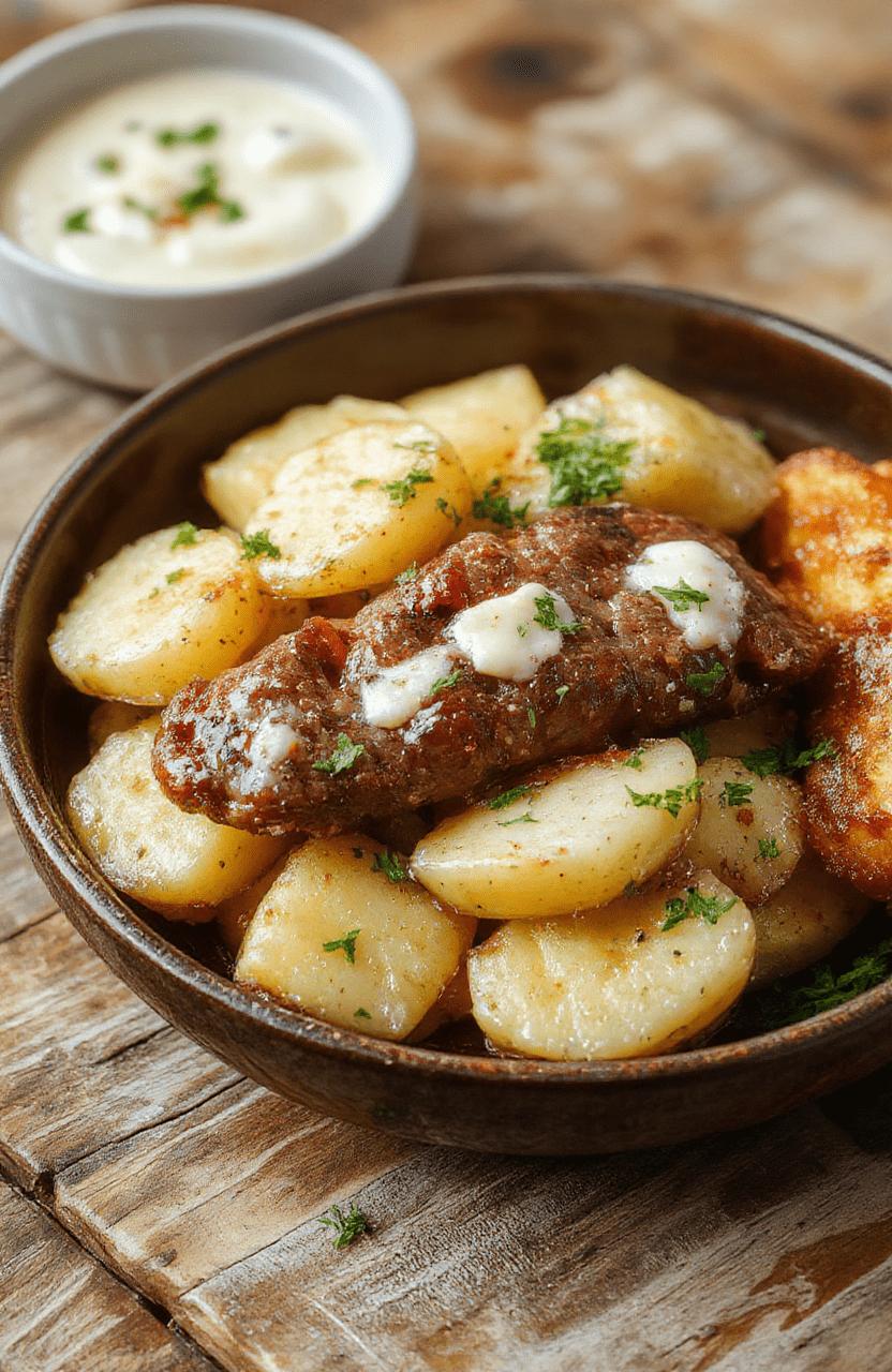 A vibrant plate featuring golden roasted potatoes coated in melted cheese and creamy ranch dressing, topped with slices of smoked sausage, all artfully arranged on a rustic wooden surface with fresh herbs for garnish.