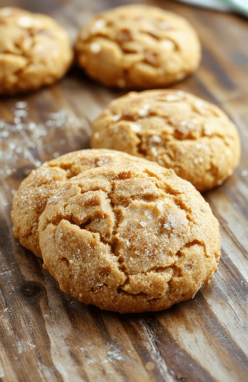 A close-up of warm, freshly baked chewy pumpkin snickerdoodles coated in cinnamon sugar, stacked on a rustic wooden platter with hints of fall spices and a sprinkle of cinnamon on top, natural soft lighting highlighting their golden-brown color and textured surface.