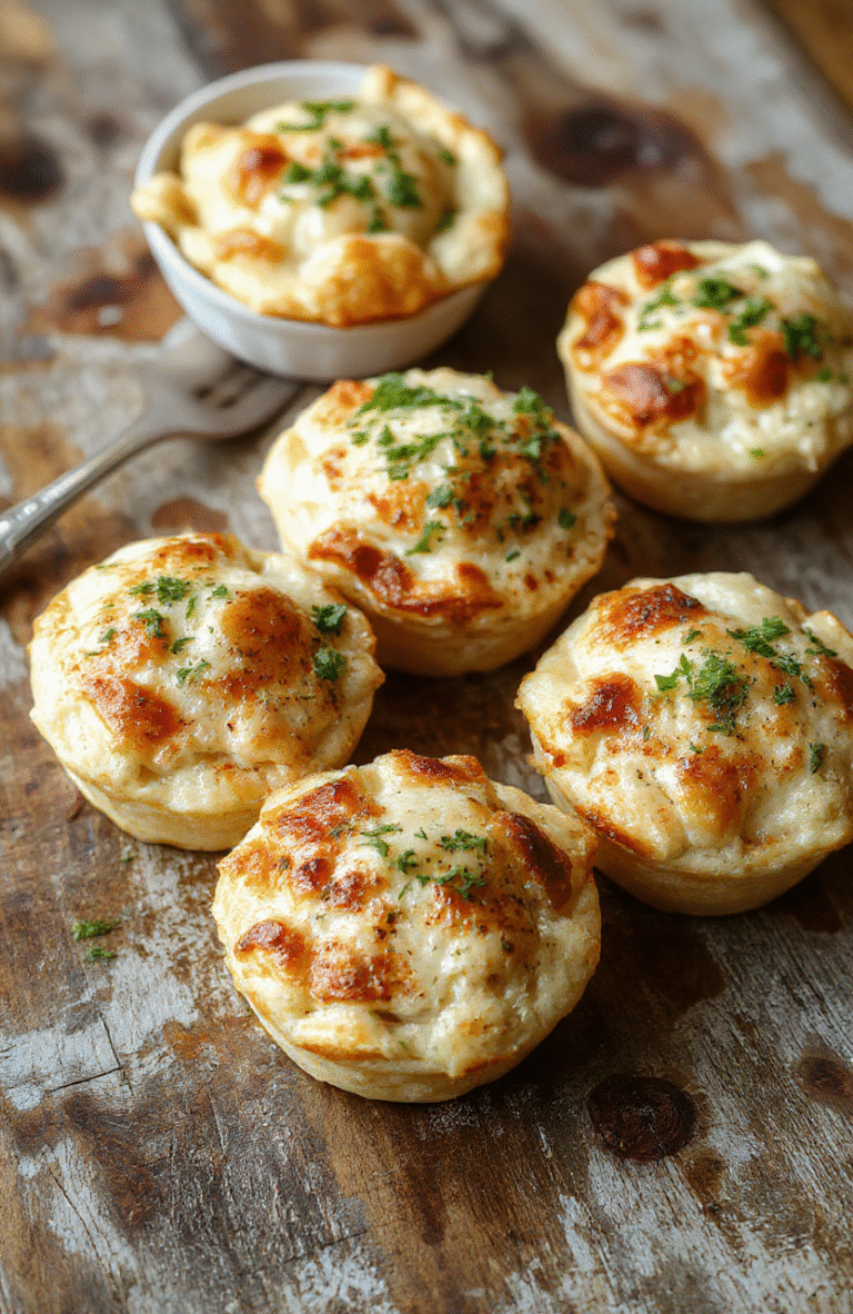 Colorful mini chicken pot pies arranged on a rustic wooden platter, with golden, flaky crusts and creamy filling visible through small vents, styled with fresh herbs andside vegetables in a cozy, inviting setting.
