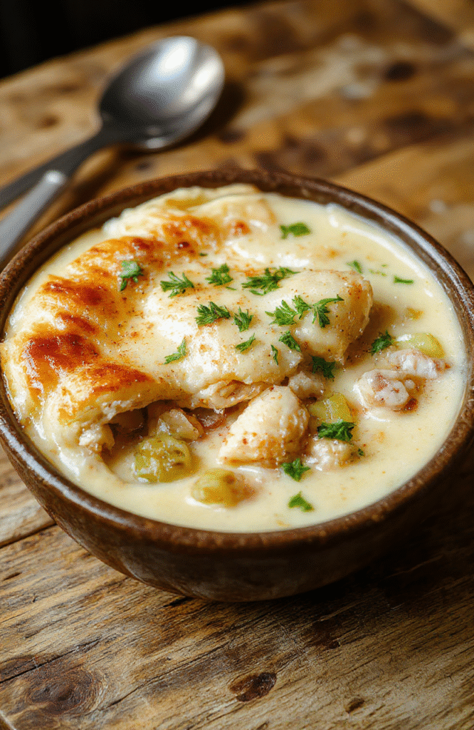A steaming bowl of chicken pot pie with golden flaky crust, filled with creamy chicken, carrots, peas, and potatoes, garnished with fresh herbs, styled on a rustic wooden table with a warm cozy background.