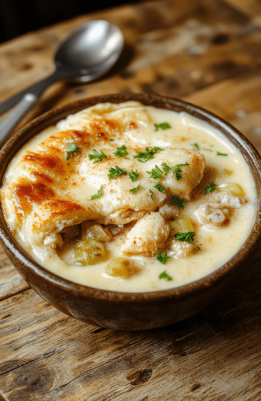 A steaming bowl of chicken pot pie with golden flaky crust, filled with creamy chicken, carrots, peas, and potatoes, garnished with fresh herbs, styled on a rustic wooden table with a warm cozy background.