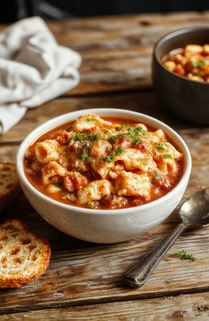 A bowl of steaming Pasta Fagioli soup with colorful vegetables, garnished with fresh basil and grated cheese, served on a rustic wooden table with slices of crusty bread in the background.