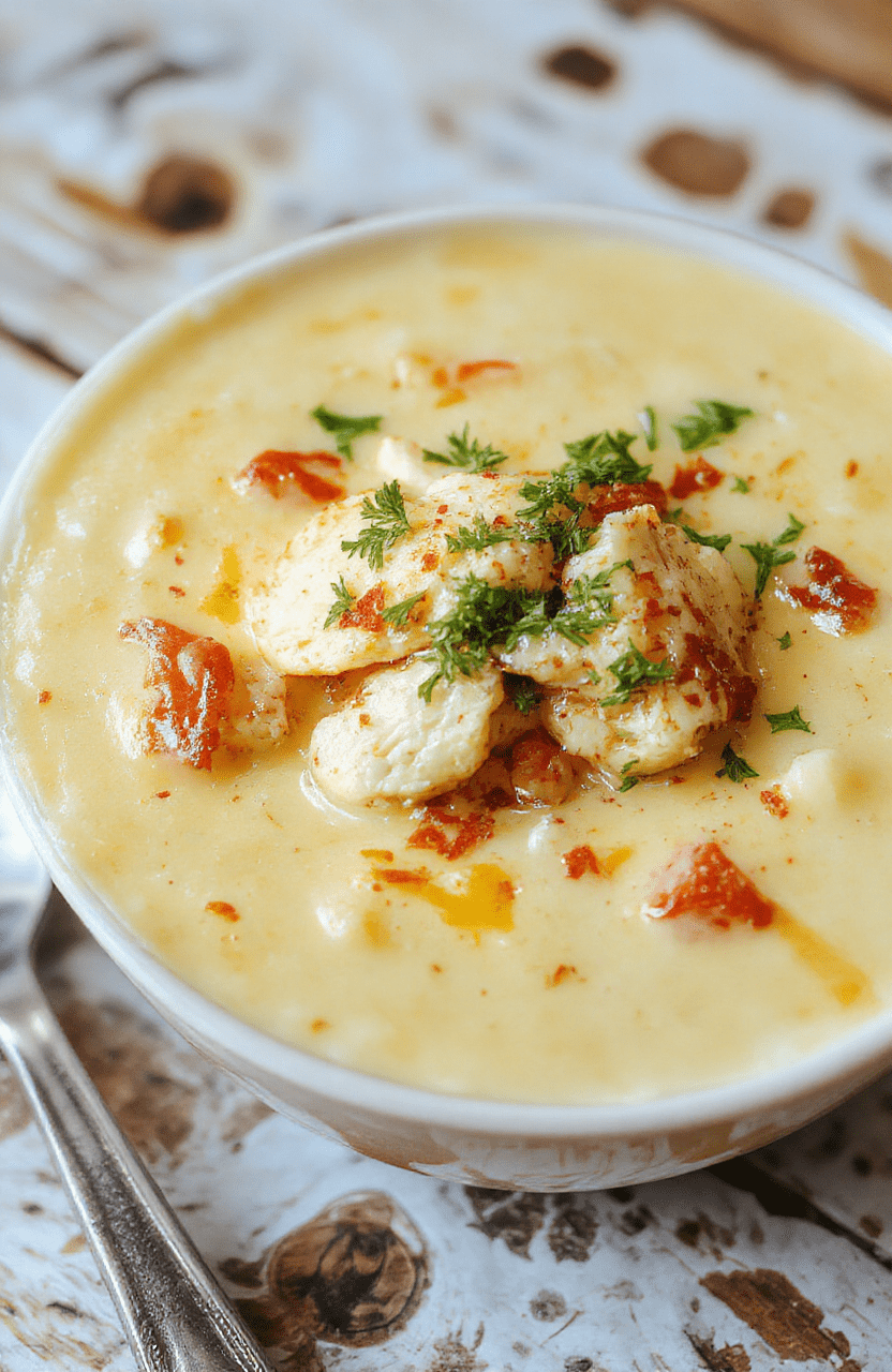 A bowl of creamy cheesy crack chicken soup with shredded chicken, melted cheese, and herbs topped with fresh parsley, served with a rustic spoon on a wooden table, vibrant colors, inviting textures, and a cozy atmosphere.