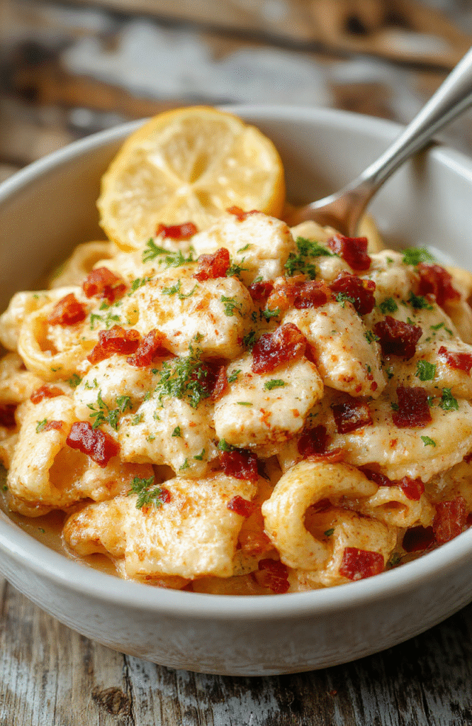 A close-up of a creamy chicken bacon ranch pasta dish, featuring tender pasta coated in a rich, creamy sauce with crispy bacon pieces, topped with fresh herbs, served on a rustic white plate with a garnish of chopped parsley, vibrant golden hues with hints of green from herbs, styled simply on a wooden table with natural daylight.