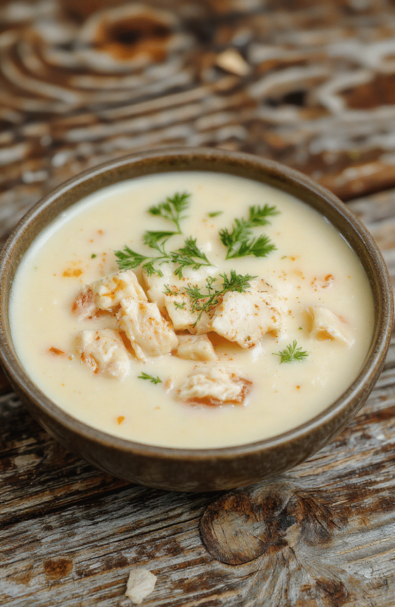 A vibrant bowl of creamy chicken pasta soup garnished with fresh herbs, showcasing tender pasta, chunks of chicken, and a rich, velvety broth with colorful vegetables, styled on a rustic wooden table with a cozy, inviting atmosphere.