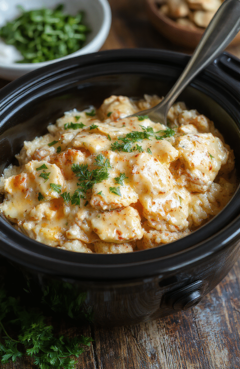 A comforting bowl of creamy chicken and rice featuring tender shredded chicken, fluffy rice, and a rich, velvety sauce garnished with herbs, presented on a rustic white plate with a fresh sprig of parsley, surrounded by a cozy kitchen setting, warm lighting, and a textured wooden surface.