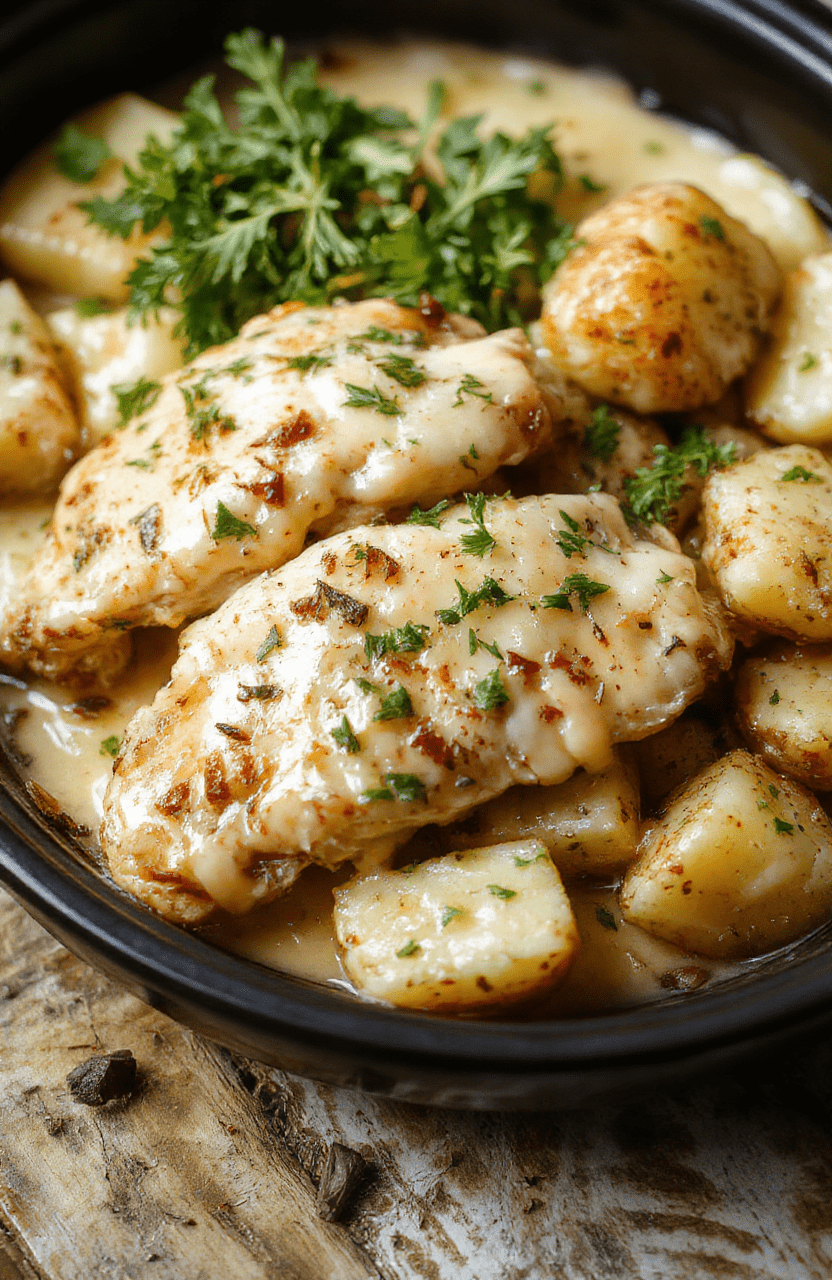A warm, rustic plate featuring tender shredded chicken coated in creamy garlic parmesan sauce, surrounded by roasted golden potatoes, garnished with fresh parsley, all styled on a cozy wooden table with natural sunlight.