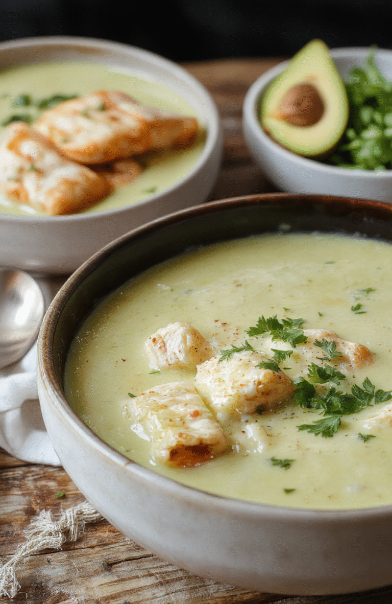 A vibrant bowl of creamy green chicken enchiladas soup topped with shredded cheese, fresh cilantro, and sliced jalapenos, served in a rustic bowl with a spoon, colorful ingredients visible, garnished with a lime wedge, styled on a wooden surface with a soft focus background.