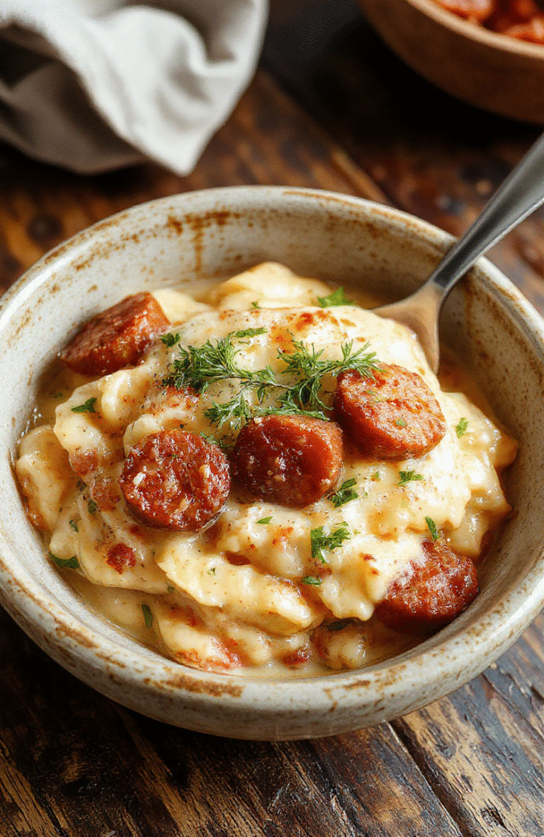 Colorful creamy Italian sausage orzo served in a white bowl, garnished with fresh herbs, showcasing tender orzo, browned sausage, and melting cheese, styled simply on a rustic wooden surface with vibrant ingredients around.