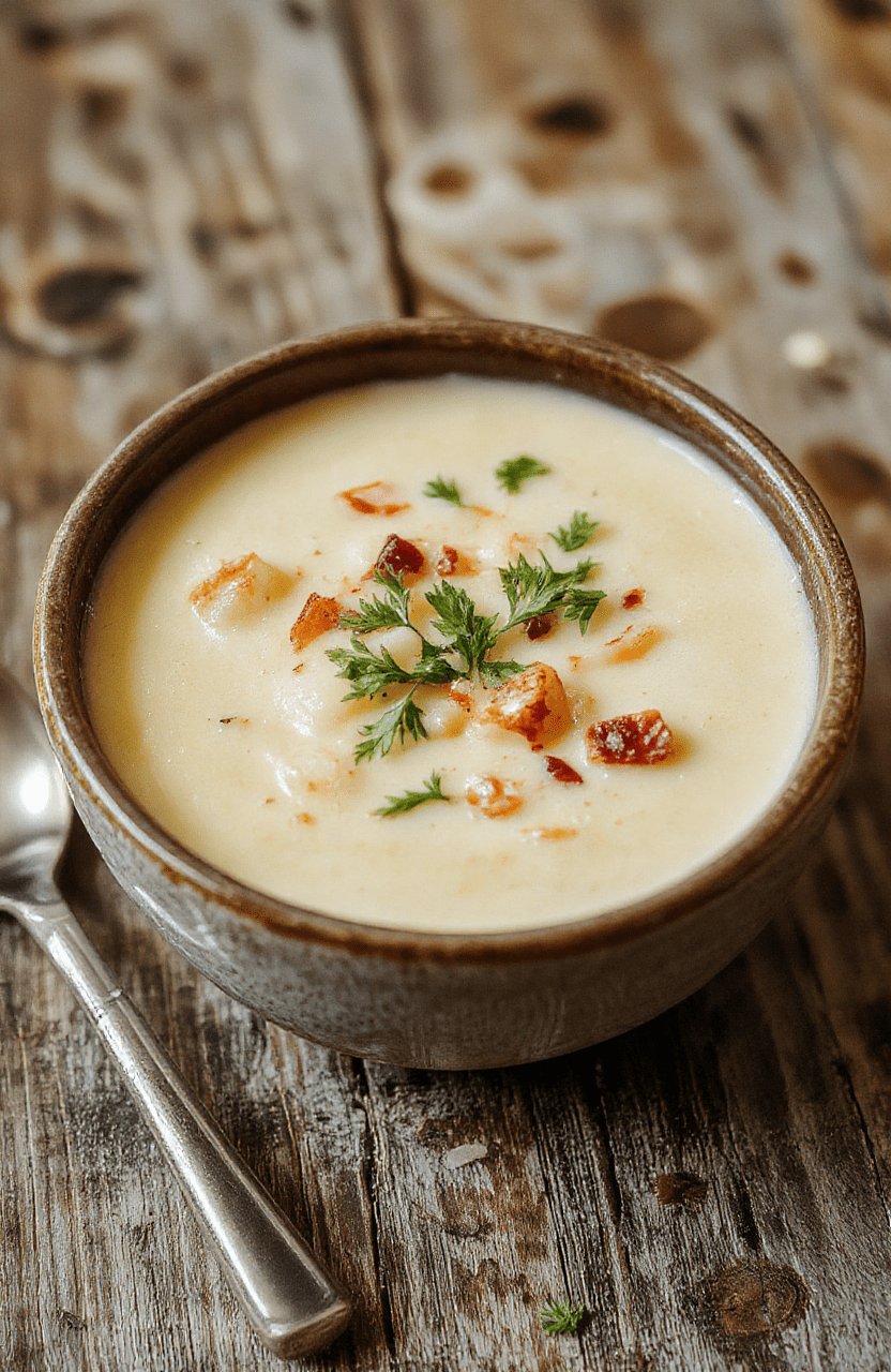 A steaming bowl of creamy potato soup topped with chopped chives and shredded cheese, garnished with a dollop of sour cream, served on a rustic wooden table with warm lighting, showcasing a smooth and velvety texture with hints of golden-brown crust around the edges.