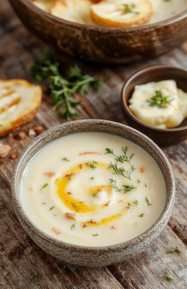 A rustic white bowl filled with creamy roasted garlic potato soup topped with freshly chopped parsley and a drizzle of olive oil. The soup has a velvety texture and golden roasted garlic bits scattered on top, surrounded by roasted potato pieces. The background is a wooden table with natural daylight highlighting the warm, inviting colors of the soup.