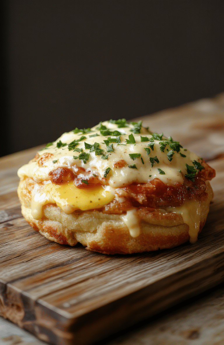 A golden, flaky puff pastry crust topped with gooey melted cheese, perfectly cooked ham, and a sunny side up egg, beautifully plated on a neutral background with fresh herbs for garnish.