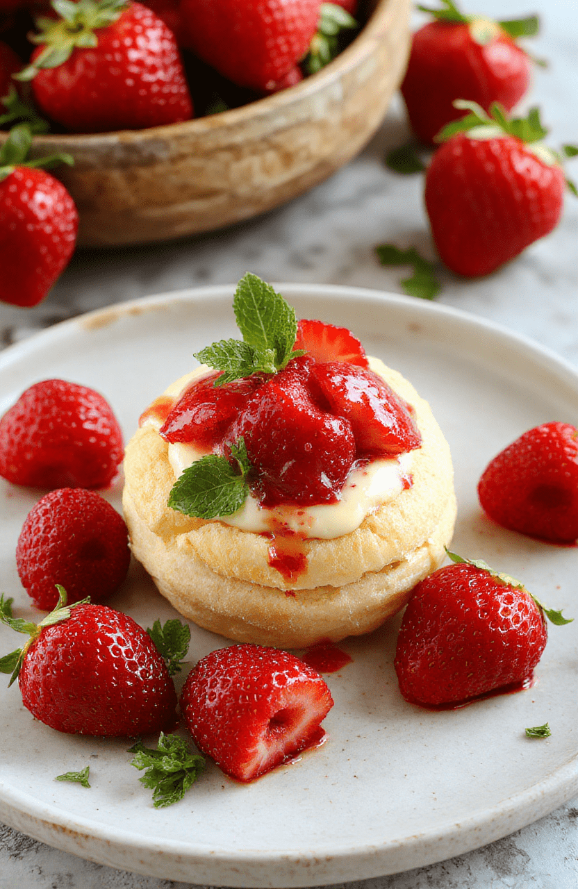 A close-up of golden cream puffs filled with vibrant red strawberry cream, dusted with powdered sugar, arranged on a rustic white plate with fresh strawberries and mint sprigs for garnish. The textured puff pastry contrasts with the smooth, creamy filling and the bright colors create an inviting, appetizing scene.