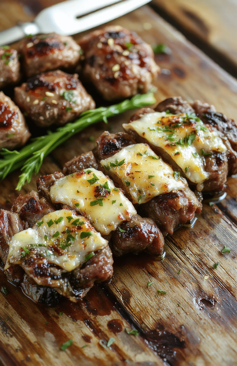 A close-up of golden-brown steak bites coated in glossy garlic butter sauce, arranged on a rustic wooden plate with fresh herbs and garlic cloves, highlighting their juicy, tender texture and appetizing sheen, styled casually with natural lighting.
