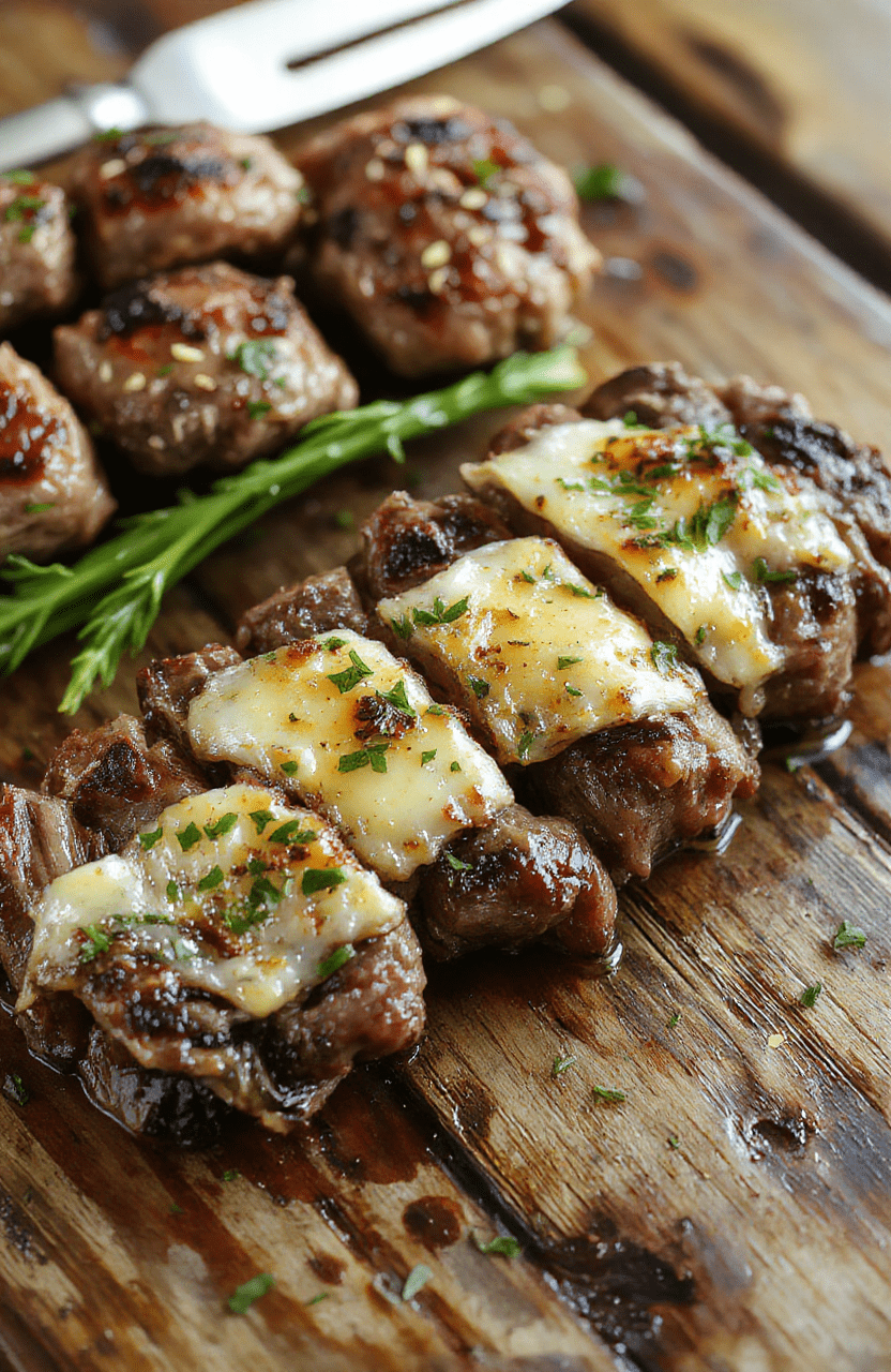 A close-up of golden-brown steak bites coated in glossy garlic butter sauce, arranged on a rustic wooden plate with fresh herbs and garlic cloves, highlighting their juicy, tender texture and appetizing sheen, styled casually with natural lighting.