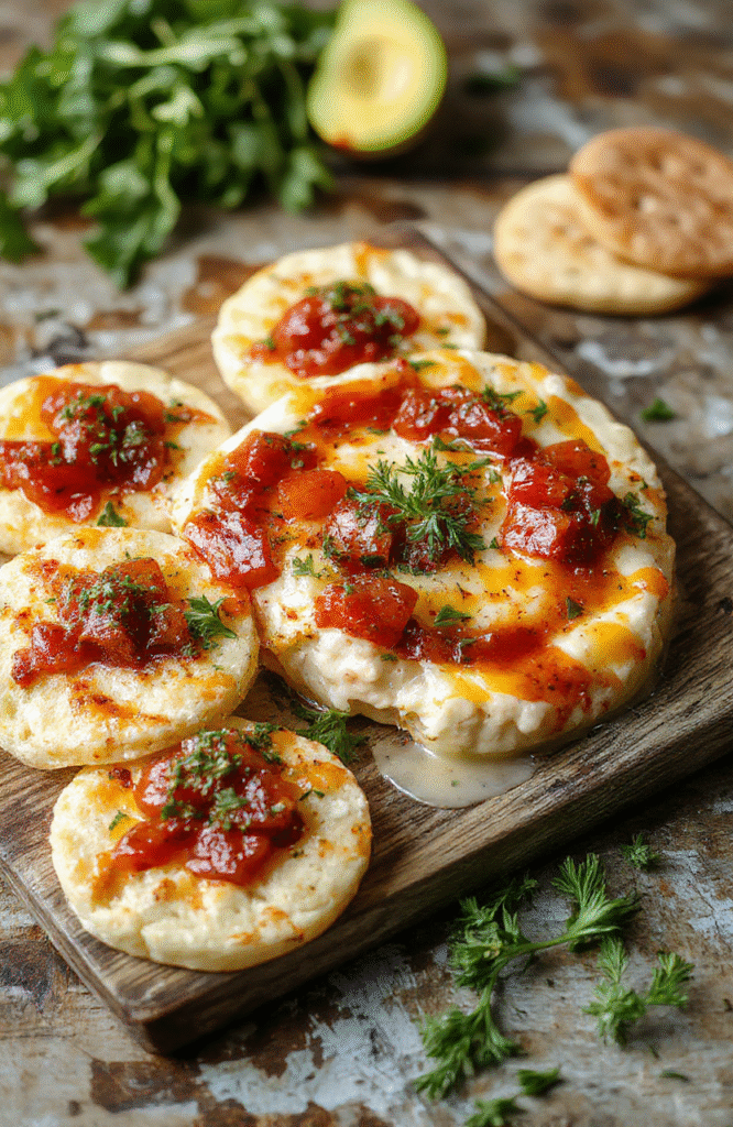 Vibrant red and green bruschetta dip topped with fresh basil, drizzled with balsamic glaze, served in a rustic white bowl on a wooden platter, accompanied by crusty bread slices, with a blurred background featuring a casual dining setting.