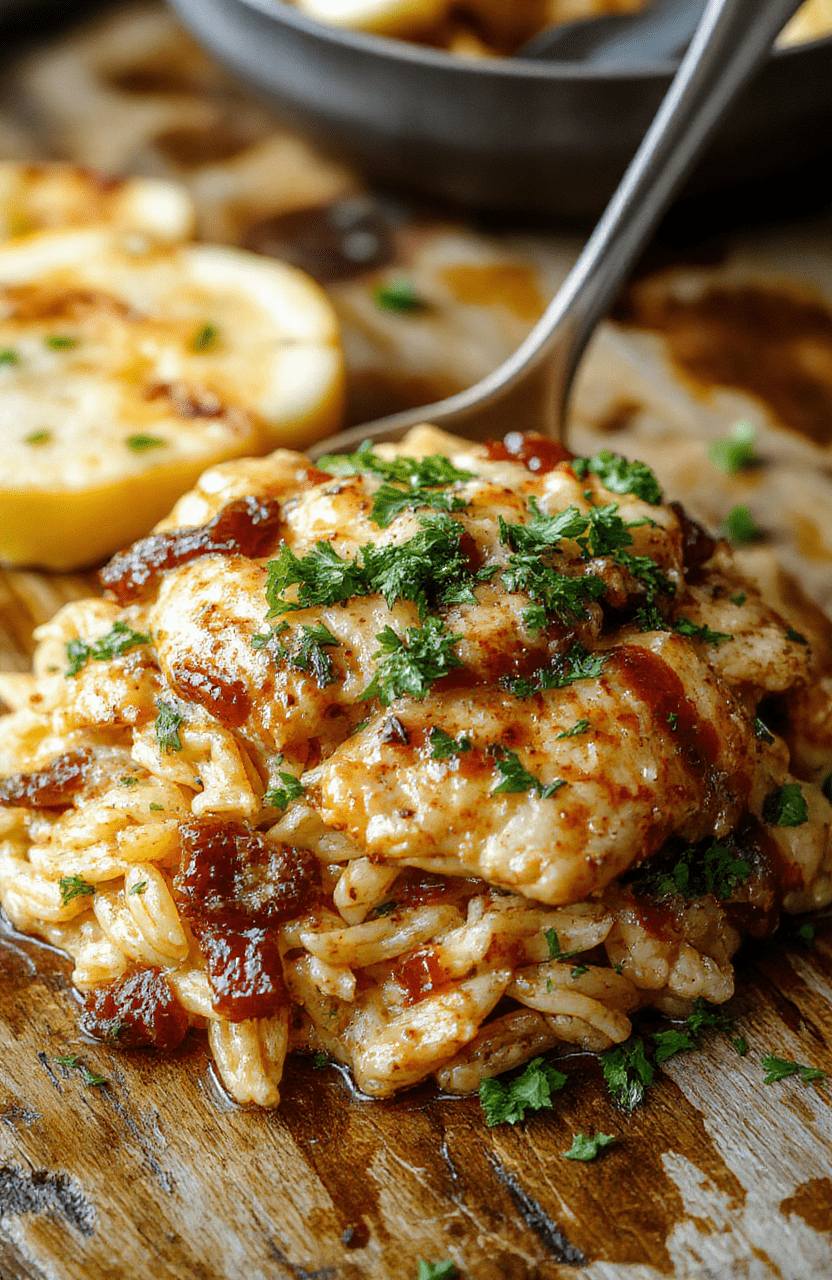 Colorful Cajun chicken orzo in a rustic white bowl, garnished with fresh herbs and sliced peppers, steaming hot with a rich, spicy sauce, styled on a wooden surface with natural daylight highlighting the vibrant ingredients.