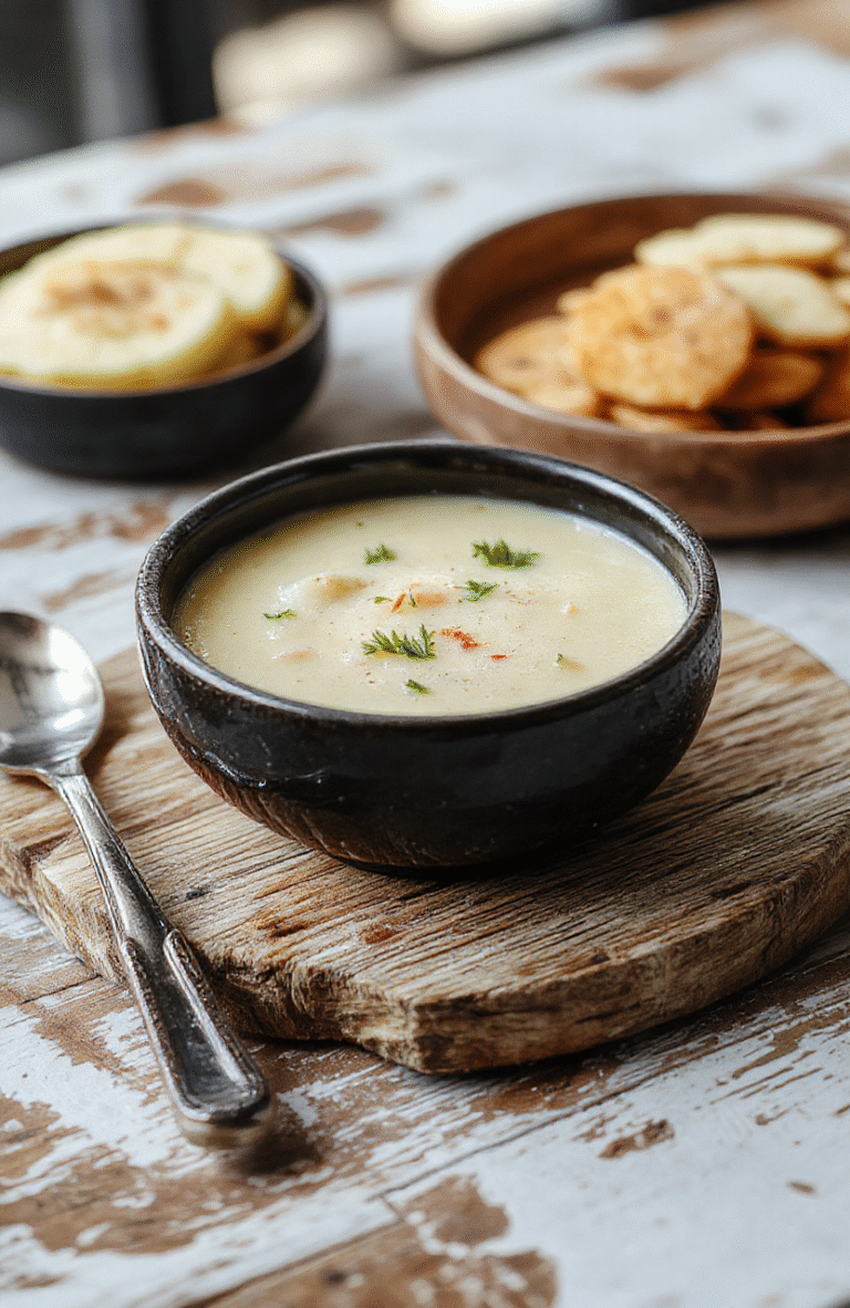 A hearty bowl of creamy potato soup garnished with chopped chives and melted cheese, surrounded by rustic wooden background and warm lighting, showcasing a velvety texture with crispy topping details.