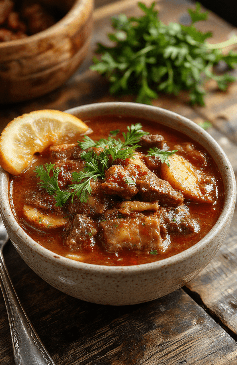 A rustic bowl of hearty beef stew featuring tender chunks of beef, carrots, potatoes, and celery in a rich, brown gravy, garnished with fresh herbs, set on a wooden table with a warm, inviting atmosphere.