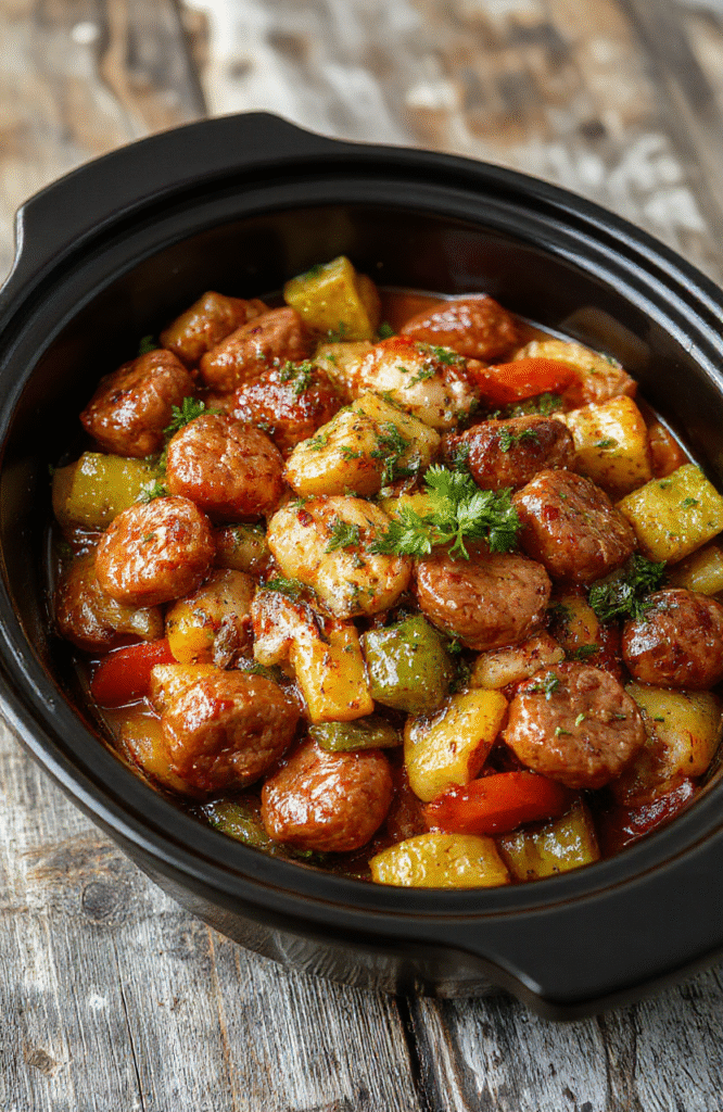 A vibrant plate of sliced sausages nestled among colorful roasted bell peppers and onions, garnished with fresh herbs, served on a rustic wooden table, with a slight sheen from the savory juices, capturing a hearty and inviting meal.
