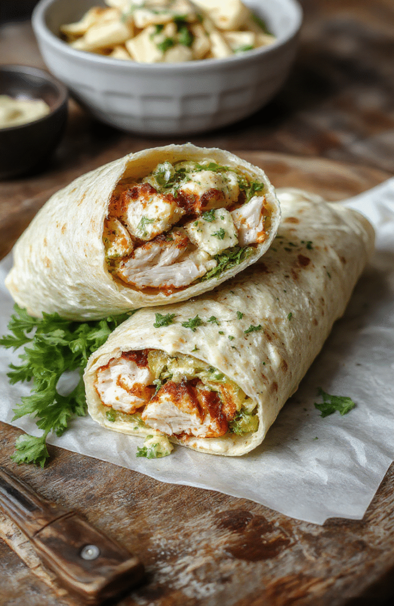 A vibrant chicken Caesar wrap sliced open revealing crisp romaine lettuce, tender grilled chicken, Parmesan cheese, and creamy Caesar dressing neatly wrapped in a soft tortilla, styled on a wooden plate with fresh ingredients around, natural daylight highlighting textures and colors.