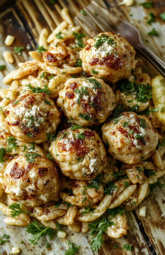 A vibrant plate of Greek chicken meatballs glazed with herbs, served alongside zesty lemon-infused orzo pasta, garnished with fresh herbs and lemon wedges, styled on a rustic wooden table with colorful accents, emphasizing textures and bright flavors.