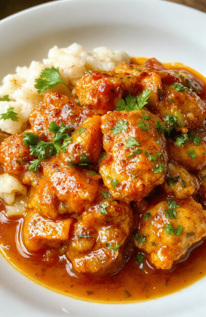 A vibrant plate of homemade butter chicken featuring tender, golden-brown chicken pieces coated in a creamy, rich orange sauce, garnished with fresh cilantro, served alongside steamed rice and colorful vegetables. The dish is beautifully plated on a rustic white ceramic plate, emphasizing the savory textures and inviting colors, styled in a cozy, homey setting with natural light highlighting the glossy sauce.