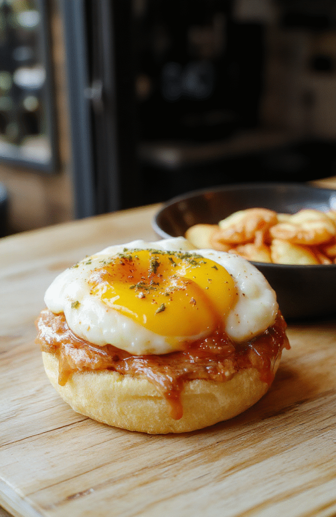 Bright, fluffy Japanese egg sandwich with soft bread and layered with creamy, slightly yellow, custard-like egg filling. The sandwich is neatly sliced, revealing the smooth texture of the eggs, and is placed on a light-colored plate styled with a simple background, emphasizing its delicate and inviting appearance.