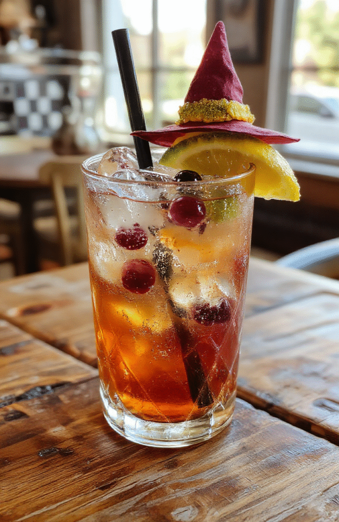 A vibrant, colorful cocktail in a tall glass garnished with fresh fruit slices and a sprig of mint. The drink has shimmering bubbles and a playful, swirling texture, set on a rustic wooden surface with a blurred background of party lights, evoking a fun, festive atmosphere.