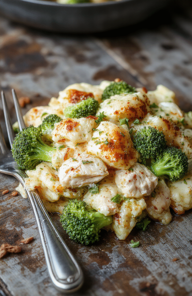 A colorful baked casserole dish featuring vibrant green broccoli florets, golden-brown melted cheese on top, and tender chunks of chicken arranged beautifully on a white ceramic plate.
