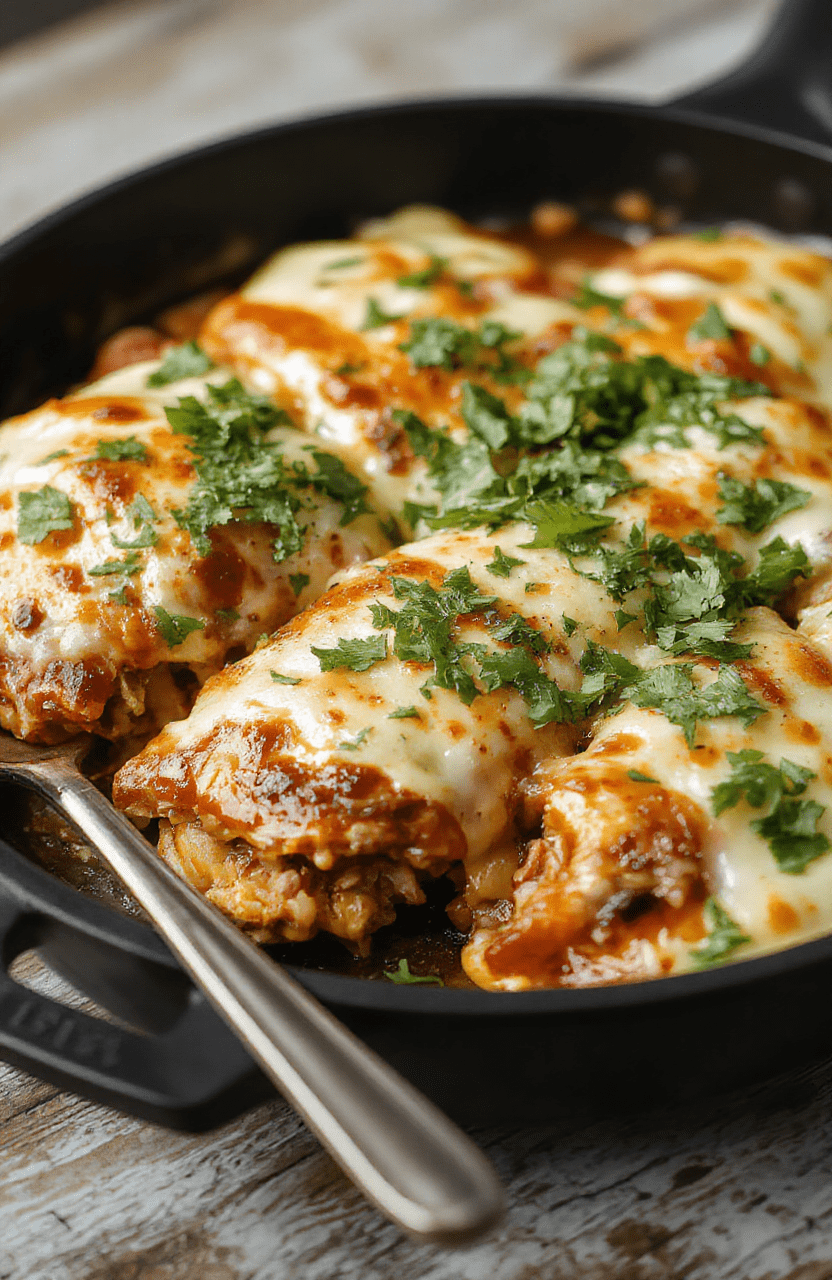 Colorful enchilada skillet in a cast iron pan with melted cheese, vibrant red and green peppers, seasoned chicken, and fresh cilantro, served on a rustic wooden surface with a side of fresh lime slices, textured layers of sauce and toppings visible, styled casually for an inviting presentation.