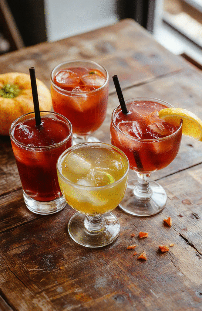 Colorful Halloween-themed drinks in clear glasses topped with whipped cream, sprinkles, and fun spooky garnishes like gummy worms and candy eyes. The drinks are vibrant orange, green, and purple, arranged on a festive table with Halloween decorations, capturing a lively and playful Halloween party vibe.