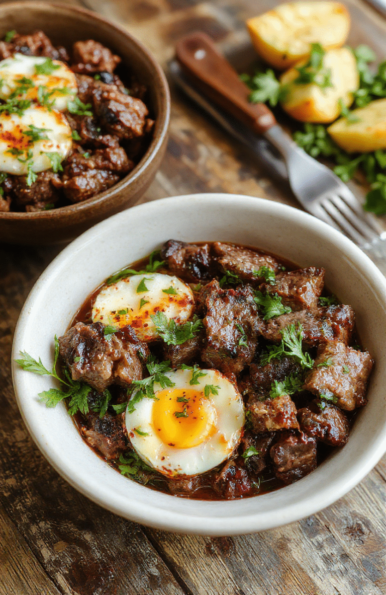 A vibrant plate of Mediterranean steak bowls featuring grilled steak slices, colorful cherry tomatoes, chopped cucumbers, Kalamata olives, and crumbled feta cheese, all arranged in a rustic white bowl with fresh herbs on top, showcasing a fresh, healthy, and appetizing presentation with vibrant colors and textures.