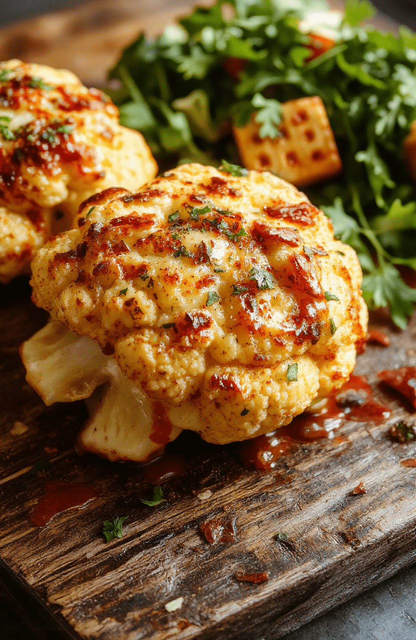 Colorful Moroccan cauliflower plated with a glossy tahini-honey drizzle, garnished with fresh herbs on a rustic white plate, textured cauliflower florets contrasted with smooth drizzle, styled simply with subtle shadows and natural daylight